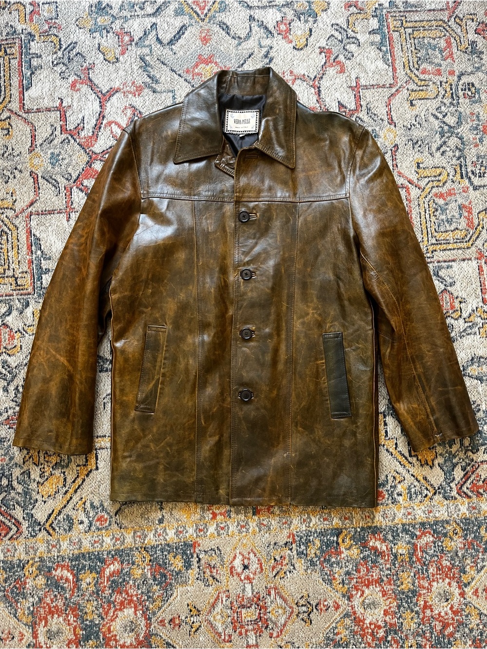 Vera Pelle Distressed Brown Leather Trench Coat